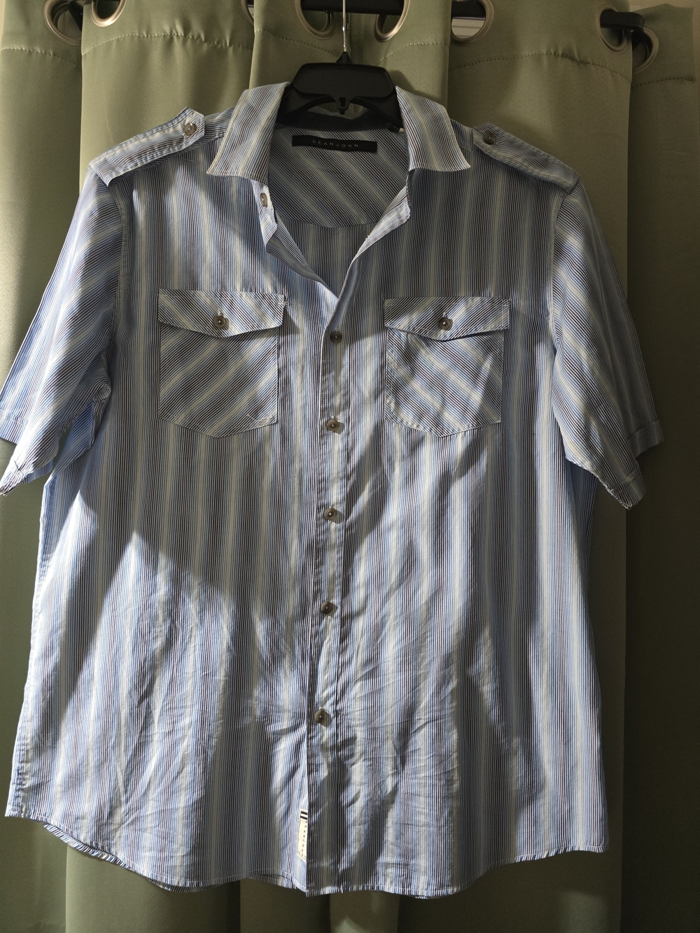 Sean John Short-Sleeve Light Blue Striped Button-Up Shirt